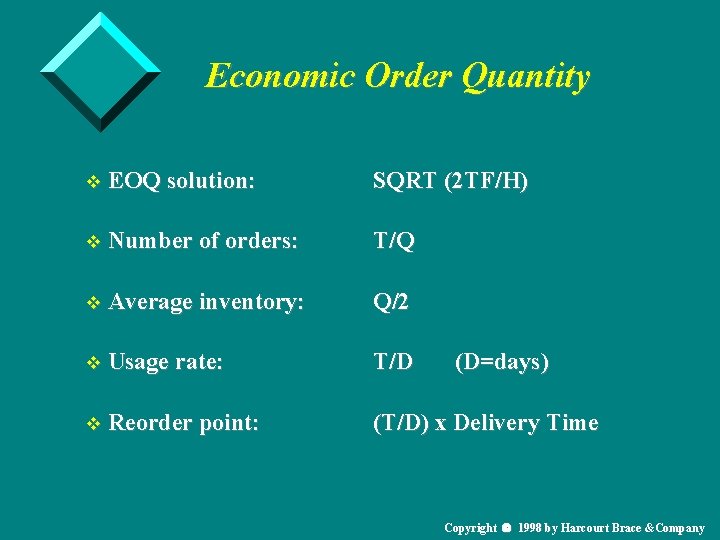 Economic Order Quantity v EOQ solution: SQRT (2 TF/H) v Number of orders: T/Q