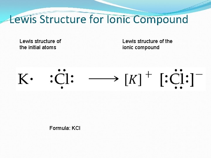 Lewis Structure for Ionic Compound Lewis structure of the initial atoms Formula: KCl Lewis