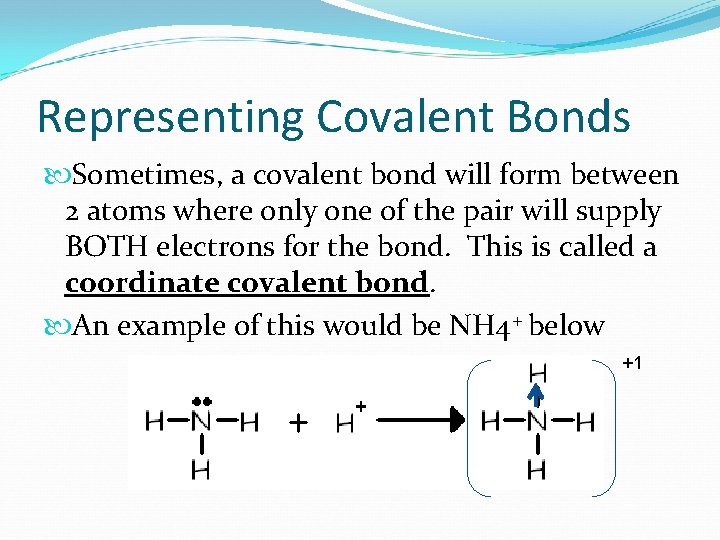 Representing Covalent Bonds Sometimes, a covalent bond will form between 2 atoms where only