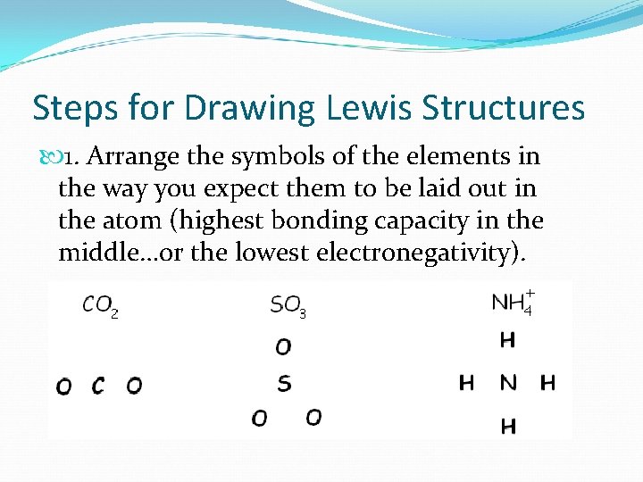 Steps for Drawing Lewis Structures 1. Arrange the symbols of the elements in the