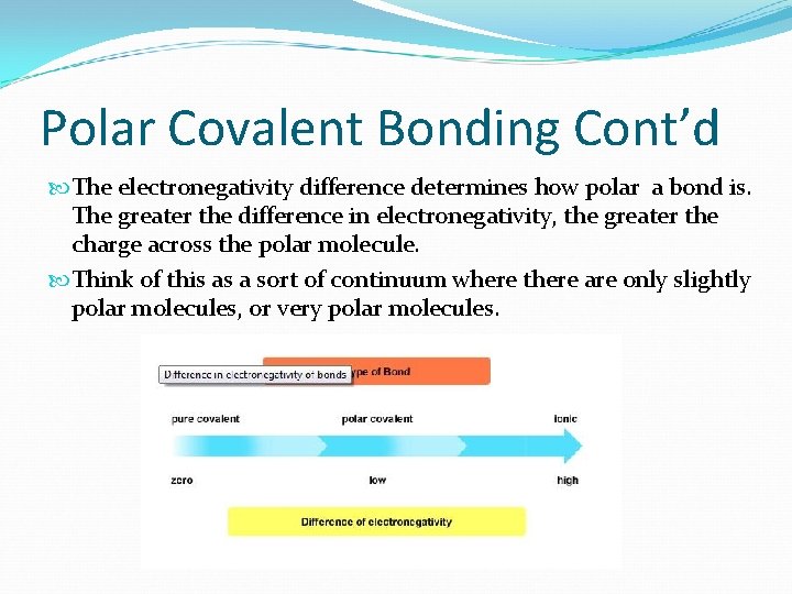 Polar Covalent Bonding Cont’d The electronegativity difference determines how polar a bond is. The