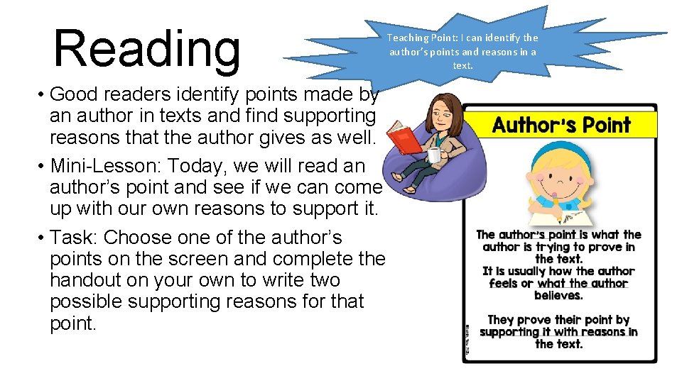 Reading • Good readers identify points made by an author in texts and find