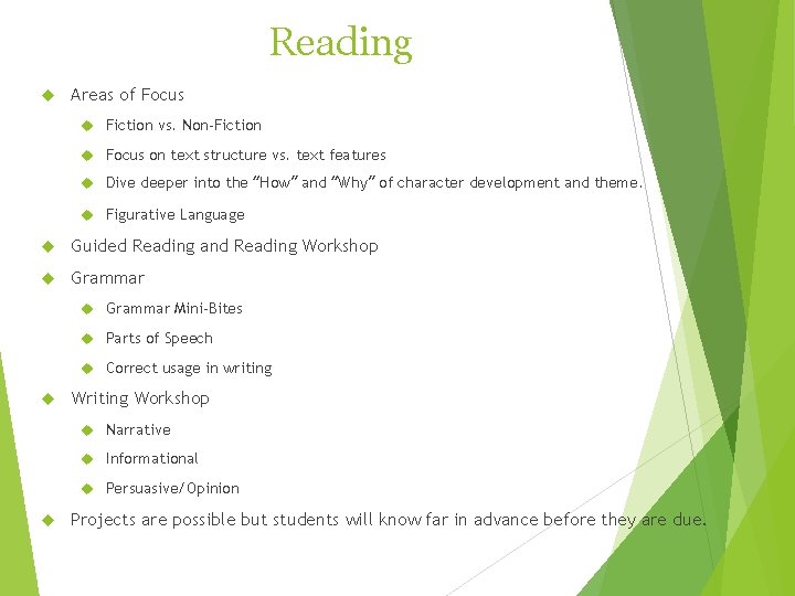 Reading Areas of Focus Fiction vs. Non-Fiction Focus on text structure vs. text features