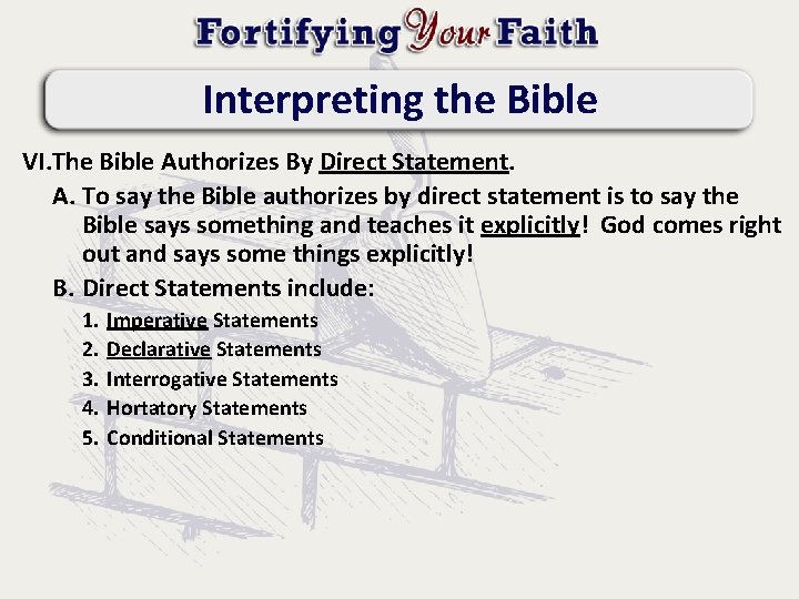 Interpreting the Bible VI. The Bible Authorizes By Direct Statement. A. To say the