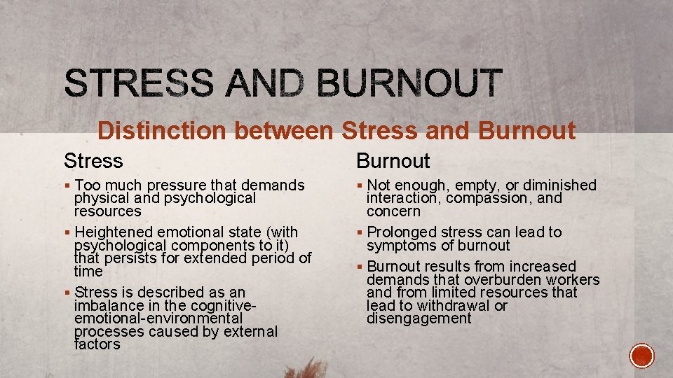 Distinction between Stress and Burnout Stress Burnout § Too much pressure that demands §