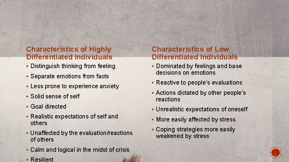 Characteristics of Highly Differentiated Individuals Characteristics of Low Differentiated Individuals § Distinguish thinking from