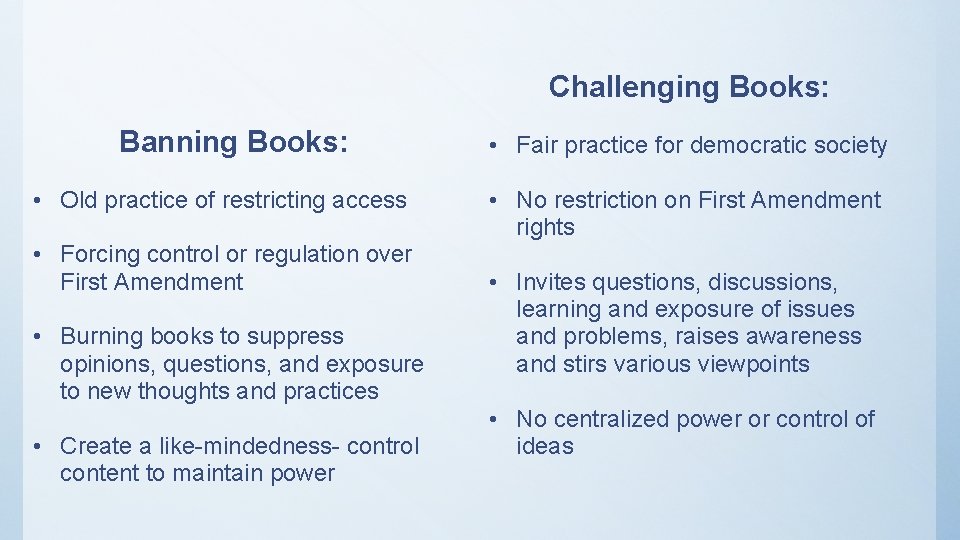 Challenging Books: Banning Books: • Old practice of restricting access • Forcing control or