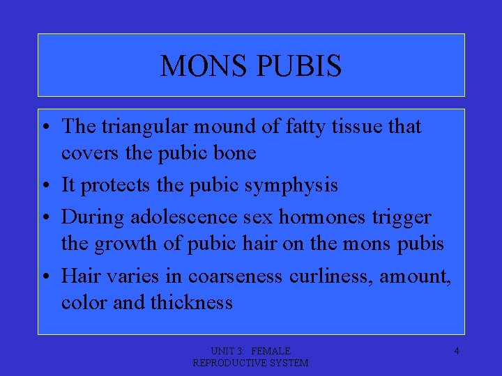 MONS PUBIS • The triangular mound of fatty tissue that covers the pubic bone