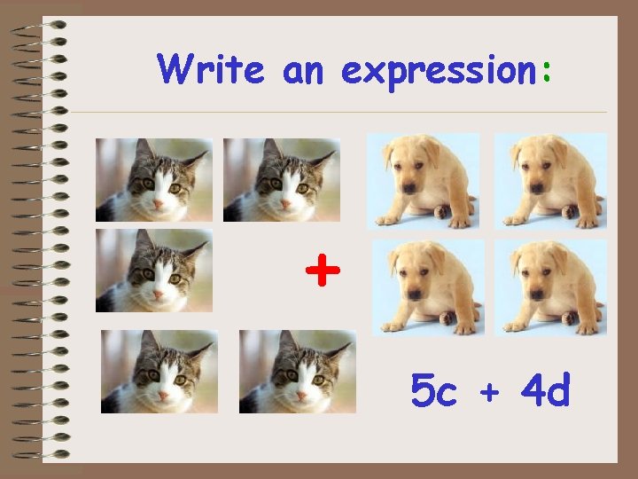 Write an expression: + 5 c + 4 d Write an expression: + 5 c + 4 d