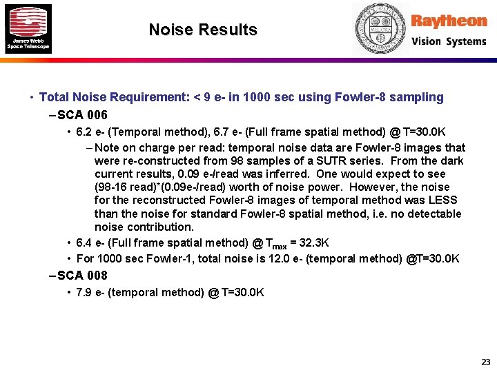 Noise Results • Total Noise Requirement: < 9 e- in 1000 sec using Fowler-8