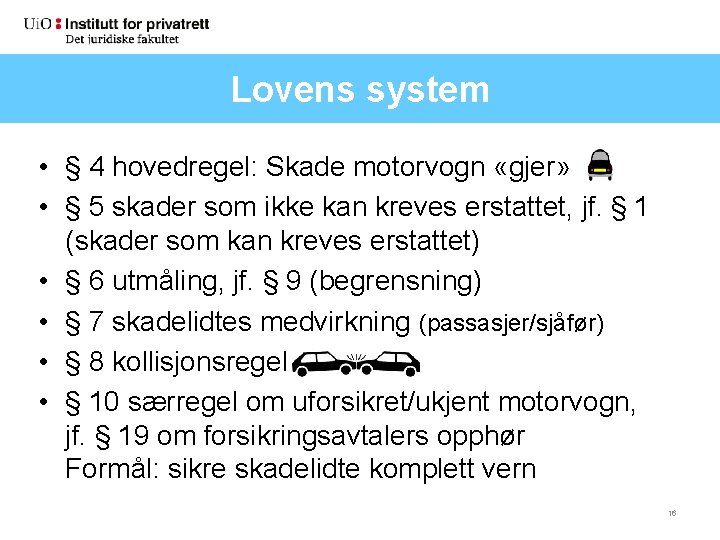 Lovens system • § 4 hovedregel: Skade motorvogn «gjer» • § 5 skader som