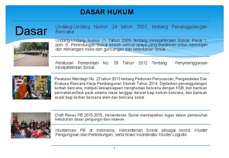 DASAR HUKUM Dasar Undang-Undang Nomor 24 tahun 2007, tentang Penanggulangan Bencana Undang-Undang Nomor 11 DASAR HUKUM Dasar Undang-Undang Nomor 24 tahun 2007, tentang Penanggulangan Bencana Undang-Undang Nomor 11