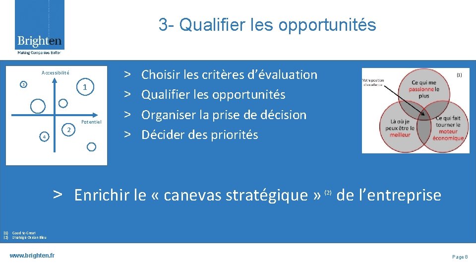 3 - Qualifier les opportunités Accessibilité 1 3 Potentiel 2 4 ˃ ˃ Choisir