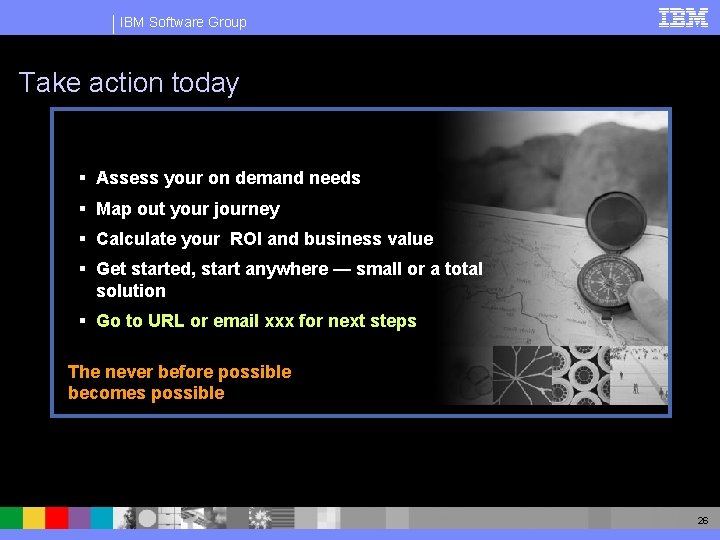 IBM Software Group Take action today § Assess your on demand needs § Map