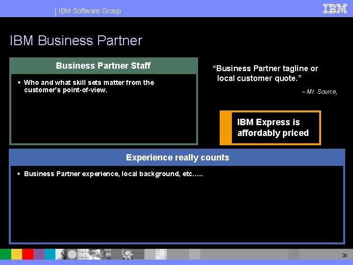 IBM Software Group IBM Business Partner Staff § Who and what skill sets matter