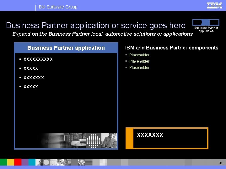 IBM Software Group Business Partner application or service goes here Expand on the Business