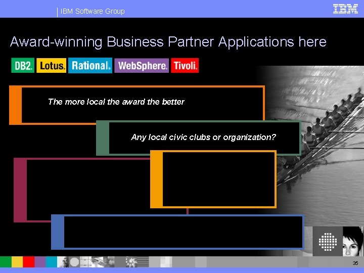 IBM Software Group Award-winning Business Partner Applications here The more local the award the