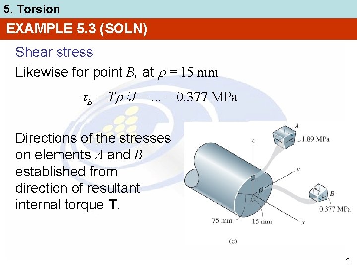 5. Torsion EXAMPLE 5. 3 (SOLN) Shear stress Likewise for point B, at =
