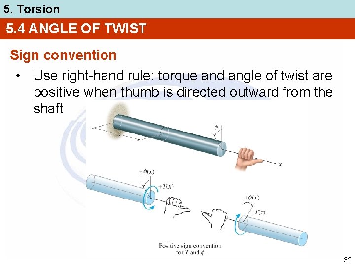5. Torsion 5. 4 ANGLE OF TWIST Sign convention • Use right-hand rule: torque