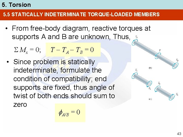 5. Torsion 5. 5 STATICALLY INDETERMINATE TORQUE-LOADED MEMBERS • From free-body diagram, reactive torques