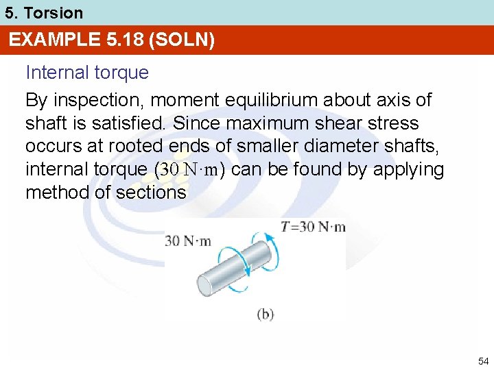 5. Torsion EXAMPLE 5. 18 (SOLN) Internal torque By inspection, moment equilibrium about axis