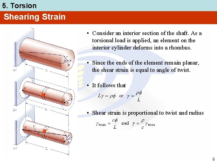 5. Torsion Shearing Strain • Consider an interior section of the shaft. As a
