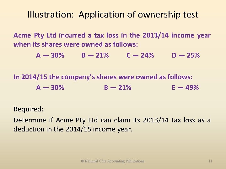 Illustration: Application of ownership test Acme Pty Ltd incurred a tax loss in the