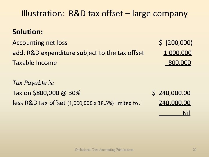 Illustration: R&D tax offset – large company Solution: Accounting net loss add: R&D expenditure