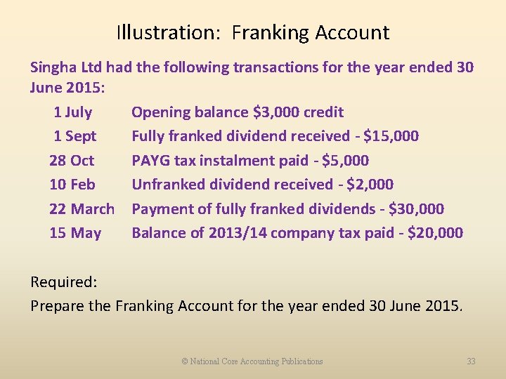 Illustration: Franking Account Singha Ltd had the following transactions for the year ended 30