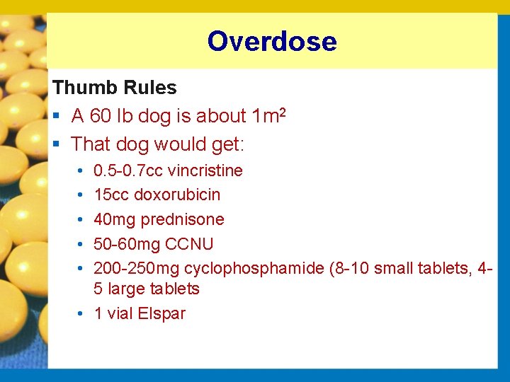 Overdose Thumb Rules § A 60 lb dog is about 1 m 2 §