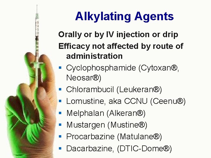 Alkylating Agents Orally or by IV injection or drip Efficacy not affected by route