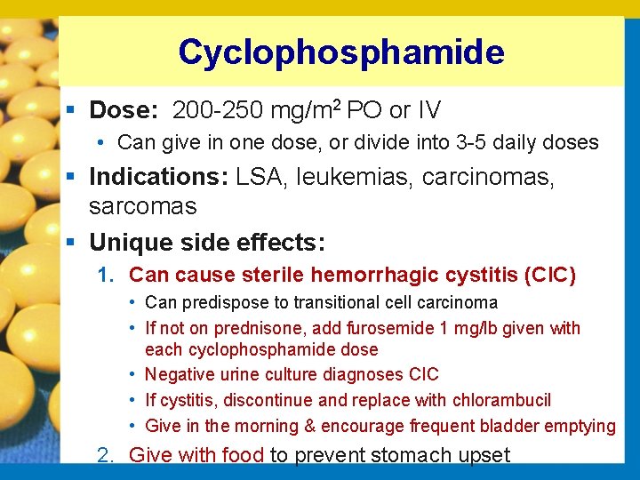 Cyclophosphamide § Dose: 200 250 mg/m 2 PO or IV • Can give in