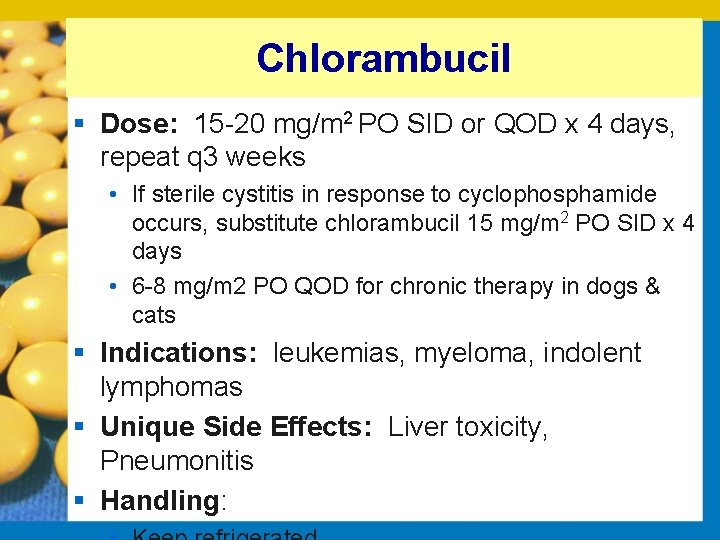 Chlorambucil § Dose: 15 20 mg/m 2 PO SID or QOD x 4 days,