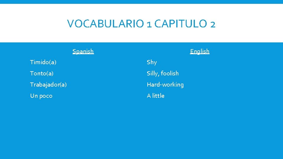 VOCABULARIO 1 CAPITULO 2 Spanish English Timido(a) Shy Tonto(a) Silly, foolish Trabajador(a) Hard-working Un