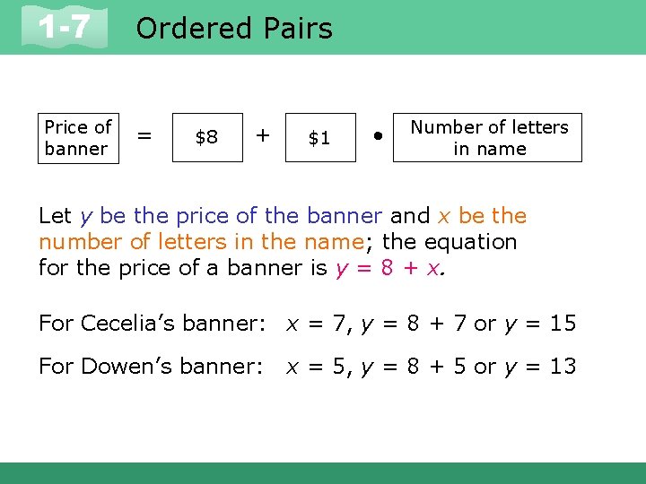 1 -7 Price of banner Ordered Pairs = $8 + $1 • Number of
