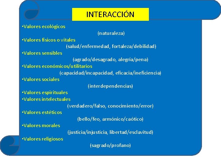 INTERACCIÓN • Valores ecológicos (naturaleza) • Valores físicos o vitales (salud/enfermedad, fortaleza/debilidad) • Valores