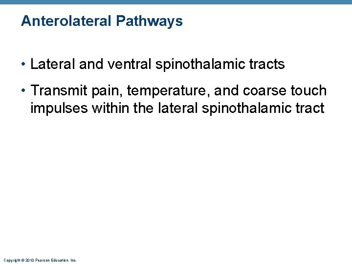 Anterolateral Pathways • Lateral and ventral spinothalamic tracts • Transmit pain, temperature, and coarse