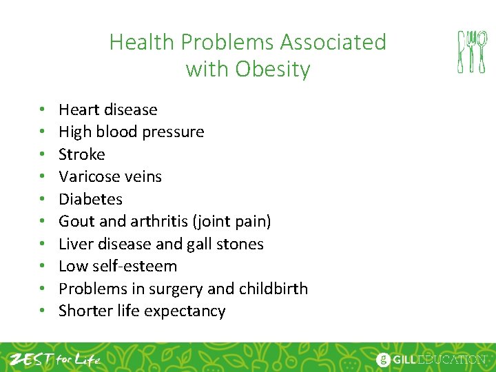 Health Problems Associated with Obesity • • • Heart disease High blood pressure Stroke