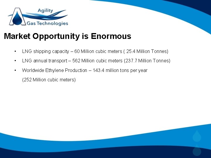 Market Opportunity is Enormous • LNG shipping capacity – 60 Million cubic meters (