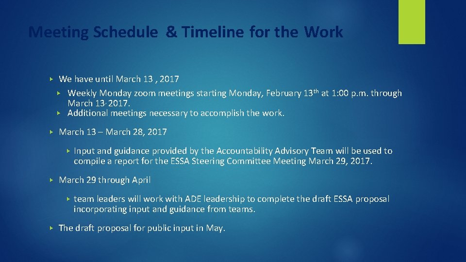Meeting Schedule & Timeline for the Work ▶ We have until March 13 ,