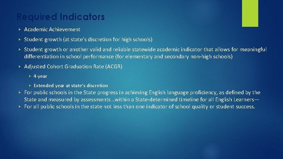 Required Indicators ▶ Academic Achievement ▶ Student growth (at state’s discretion for high schools)