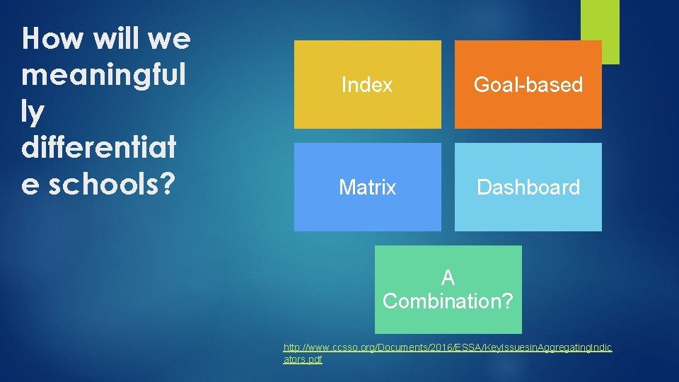 How will we meaningful ly differentiat e schools? Index Goal-based Matrix Dashboard A Combination?