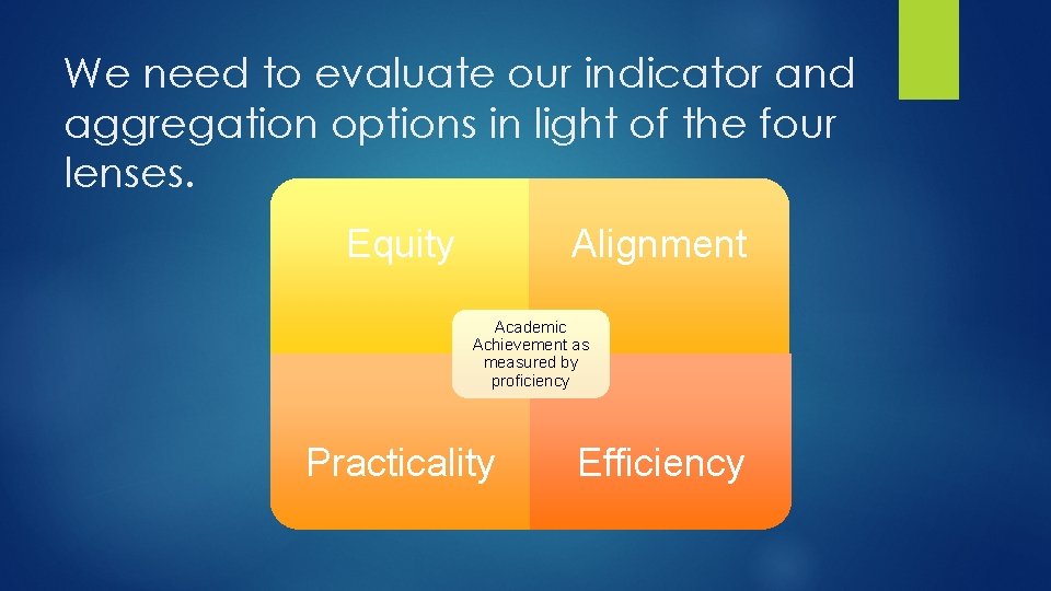 We need to evaluate our indicator and aggregation options in light of the four