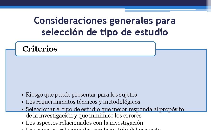 Consideraciones generales para selección de tipo de estudio Criterios • Riesgo que puede presentar