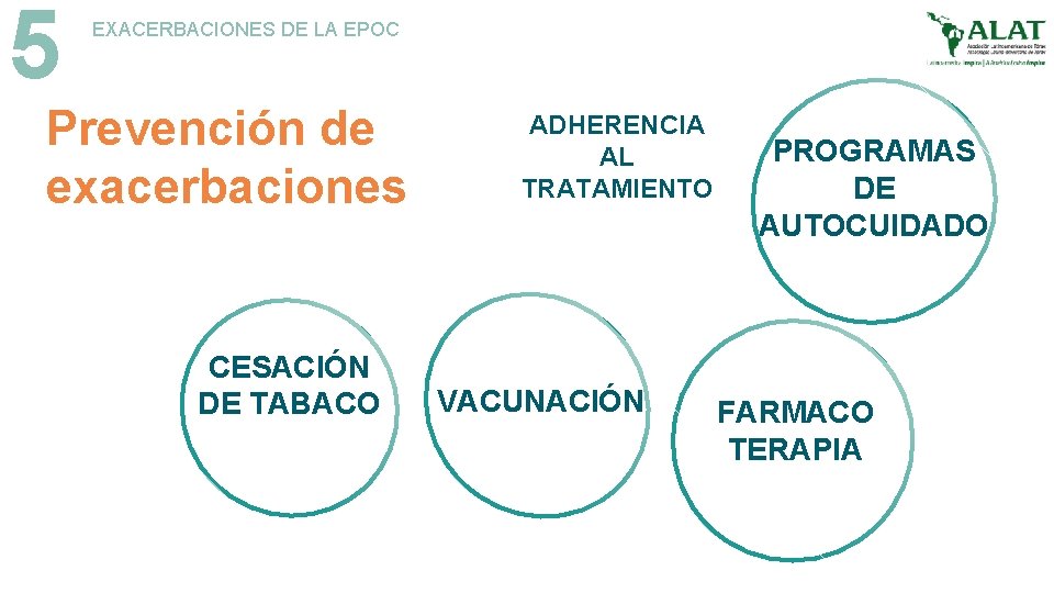 5 EXACERBACIONES DE LA EPOC Prevención de exacerbaciones CESACIÓN DE TABACO ADHERENCIA AL TRATAMIENTO