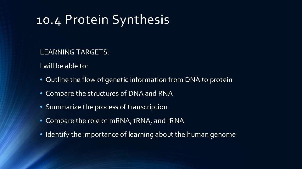10. 4 Protein Synthesis LEARNING TARGETS: I will be able to: • Outline the