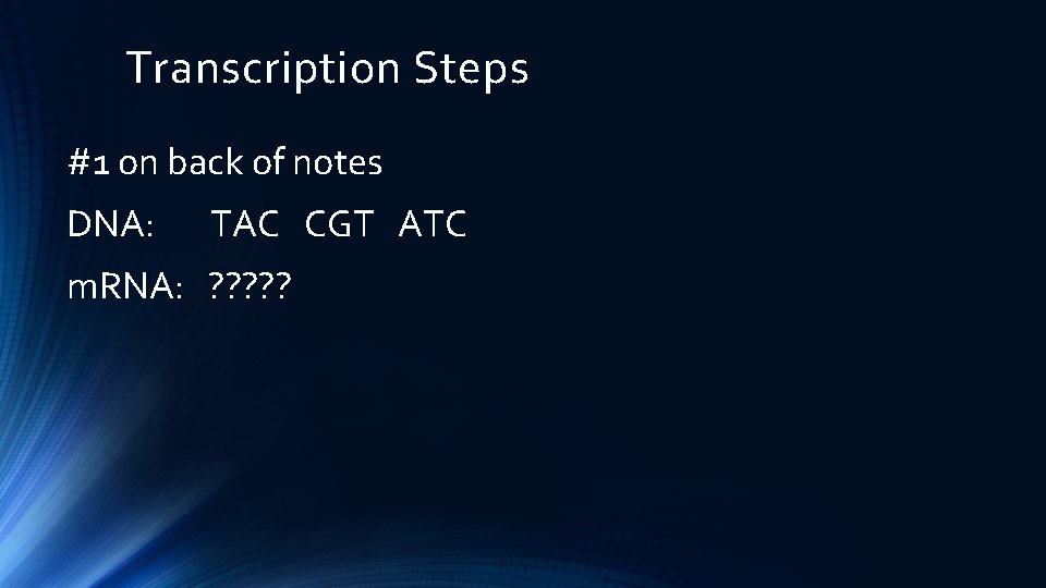 Transcription Steps #1 on back of notes DNA: TAC CGT ATC m. RNA: ?
