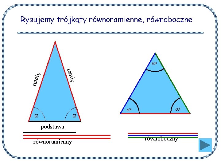 Rysujemy trójkąty równoramienne, równoboczne 600 ię ram α α 600 podstawa równoramienny równoboczny 