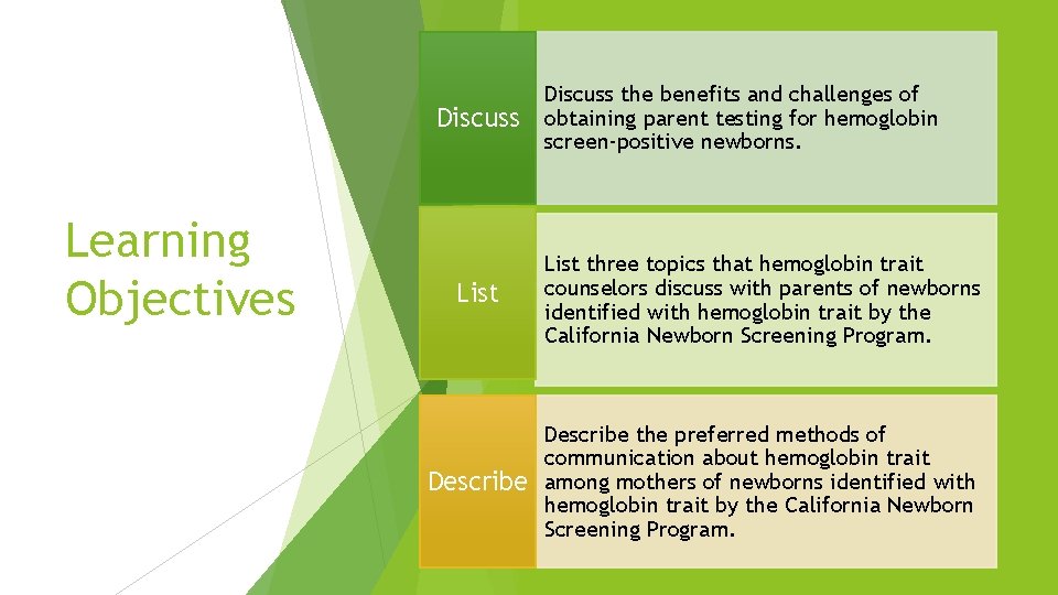 Discuss Learning Objectives Discuss the benefits and challenges of obtaining parent testing for hemoglobin