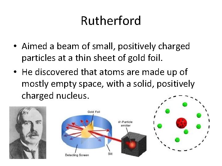 Rutherford • Aimed a beam of small, positively charged particles at a thin sheet Rutherford • Aimed a beam of small, positively charged particles at a thin sheet